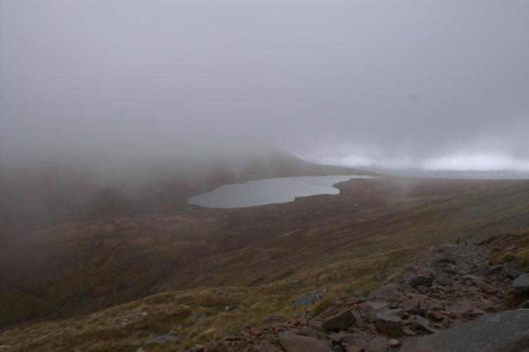 Lochan Meall an t-Suidhe from the cloudbase, halfway up Ben Nevis